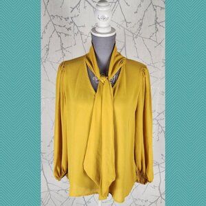 Limelight Yellow Tie Neck V-Neck Blouse Career